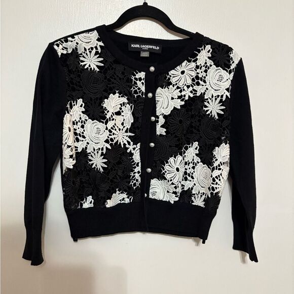 Karl Lagerfeld Sweaters - KARL LAGERFELD PARIS Black Lace Floral Cropped Cardigan Sweater S
